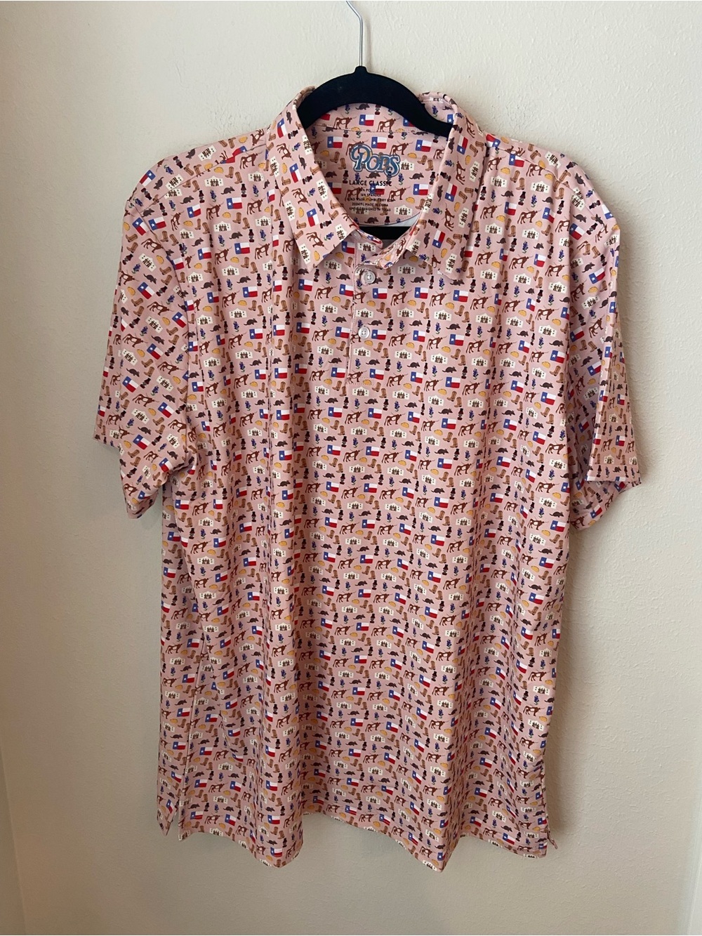 POPS Texas Print Performance Polo Shirt Pink Large Classic Golf Western Stretch